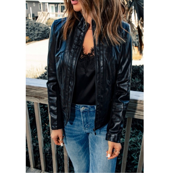 Black Faux Leather Bikercore  Moto Jacket - Picture 2 of 5